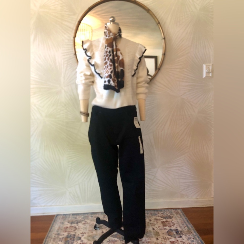 Black Levi Skinny Jeans, Marc Ruffle Sweater, Adrienne L Scarf, Bracelet OUTFIT